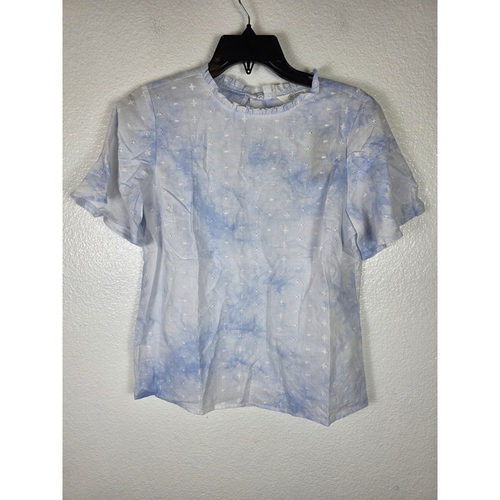 Candace Cameron Bure Women‎ Blue Tie Dye Eyelet Open Back Ruffle Top XXS